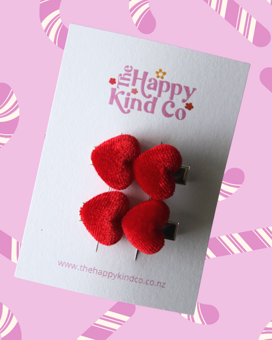 Petite Velvet Heart Clips - Candy Apple