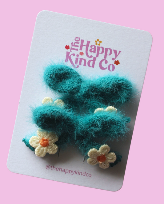 Fluffy Pigtail Bow Clips - Teal